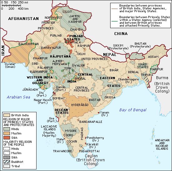 Carte de la domination anglaise de l'Inde