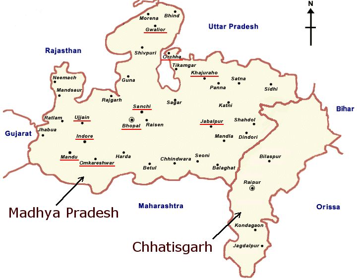 Carte du Madya Pradesh et du Chhatisgarh