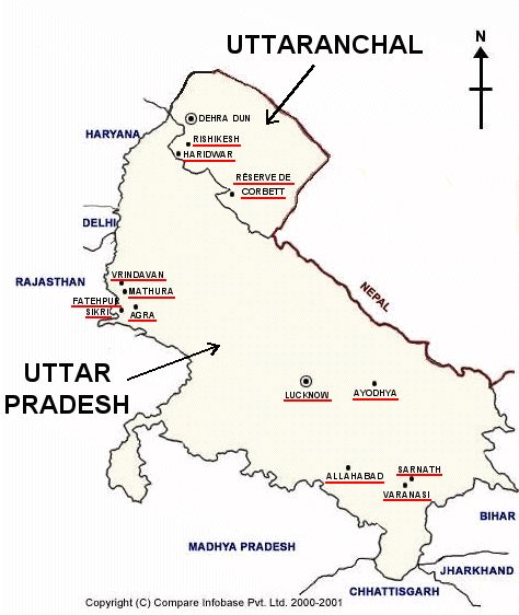 Carte de l'Uttar Pradesh et Uttaranchal