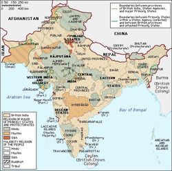 Carte de la domination anglaise de l'Inde