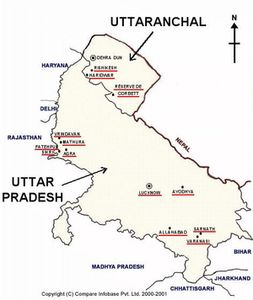 Carte de l'Uttar Pradesh et Uttaranchal